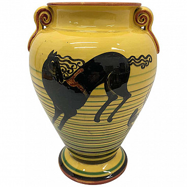 Italian futurist vase in yellow hand-painted ceramic, 1930s