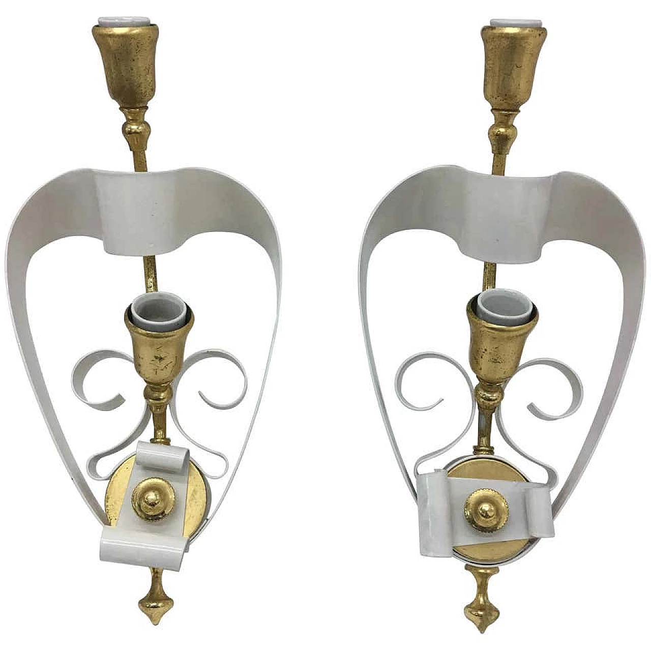 Pair of white and golden brass wall sconces, 1950s 1146998