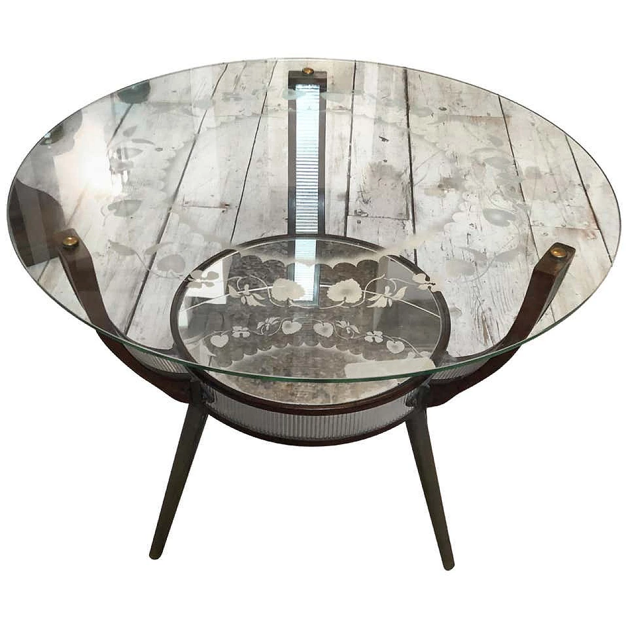 Tavolino con piano in vetro inciso, anni '50 1147115