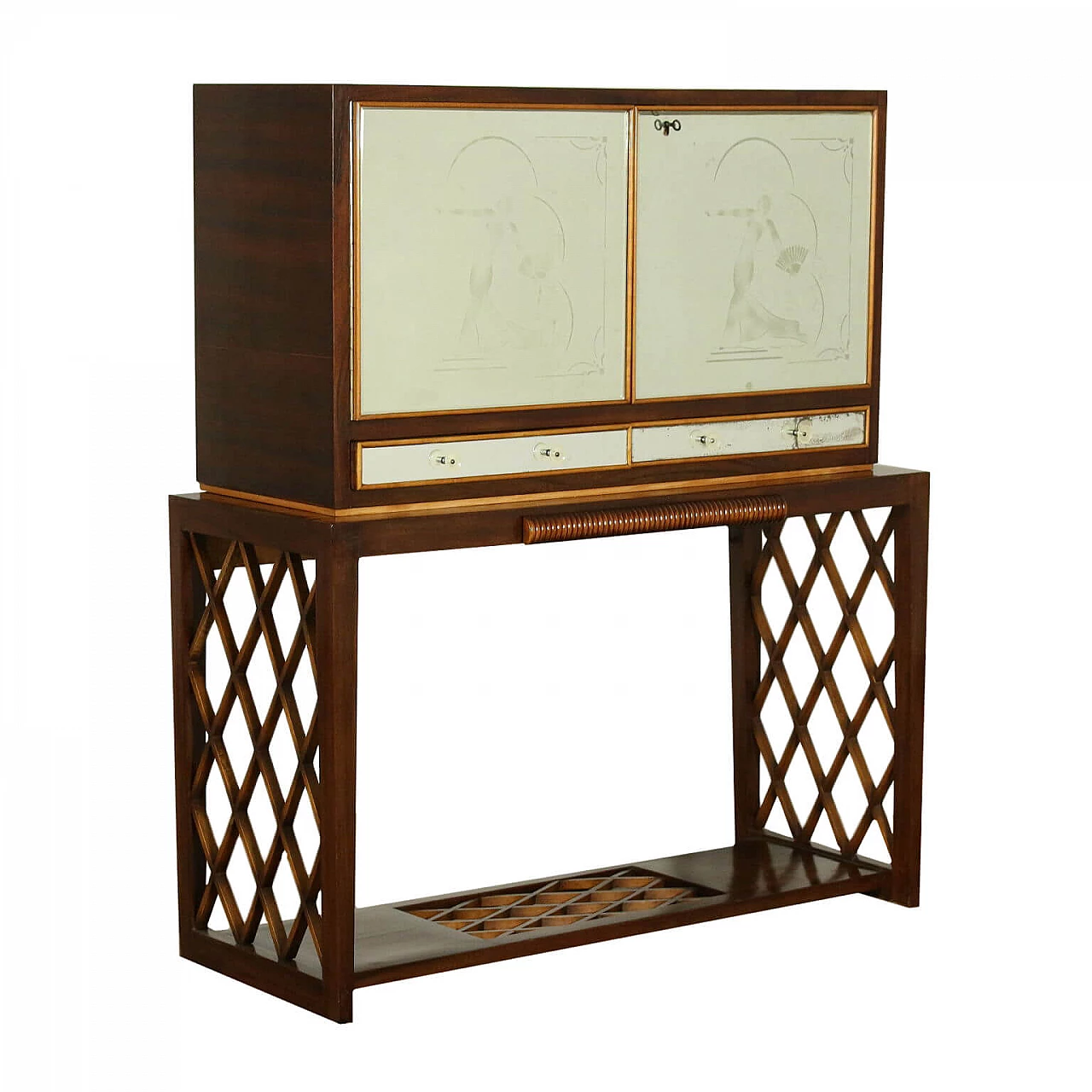 Mobile bar rialzato illuminato in mogano e legno massello, anni '50 1147495