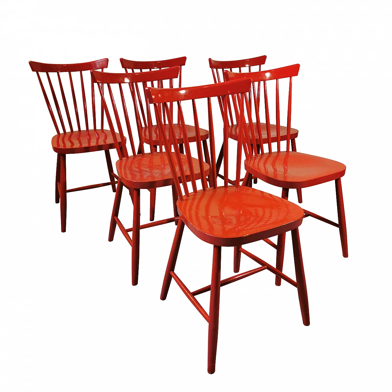 6 Red Thon wooden chairs, 70s 1147791