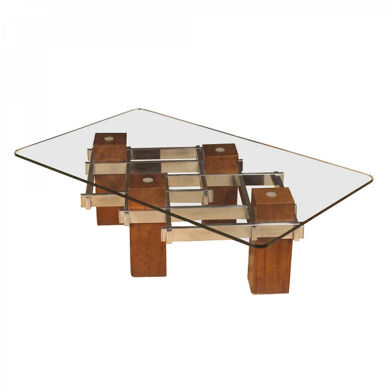 Tavolino italiano di design in legno, metallo cromato e cristallo 1147945