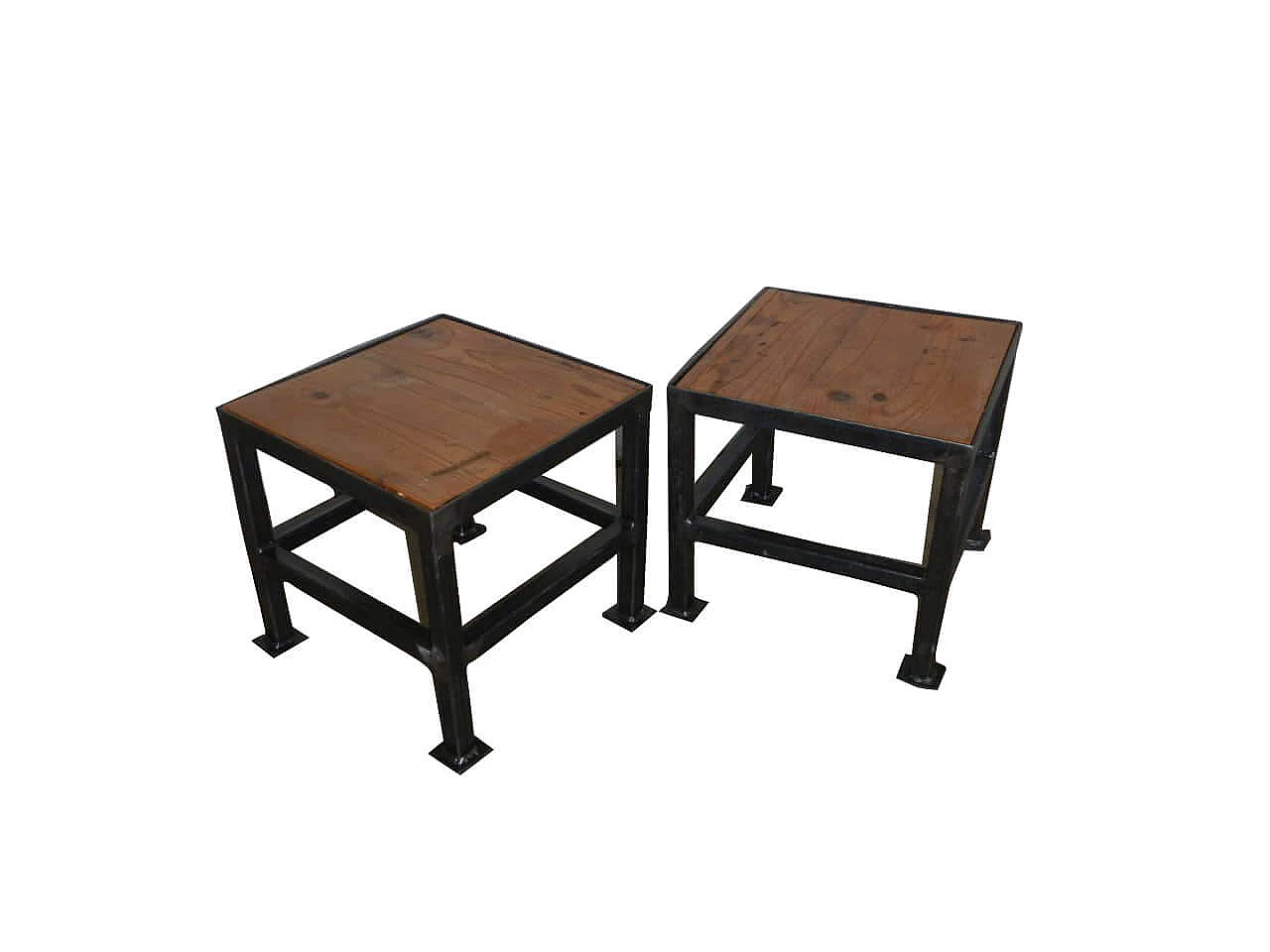 Pair of black metal and wood stools, 70s 1149314
