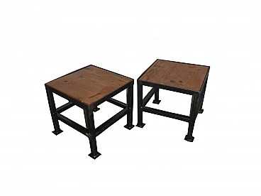 Pair of black metal and wood stools, 70s