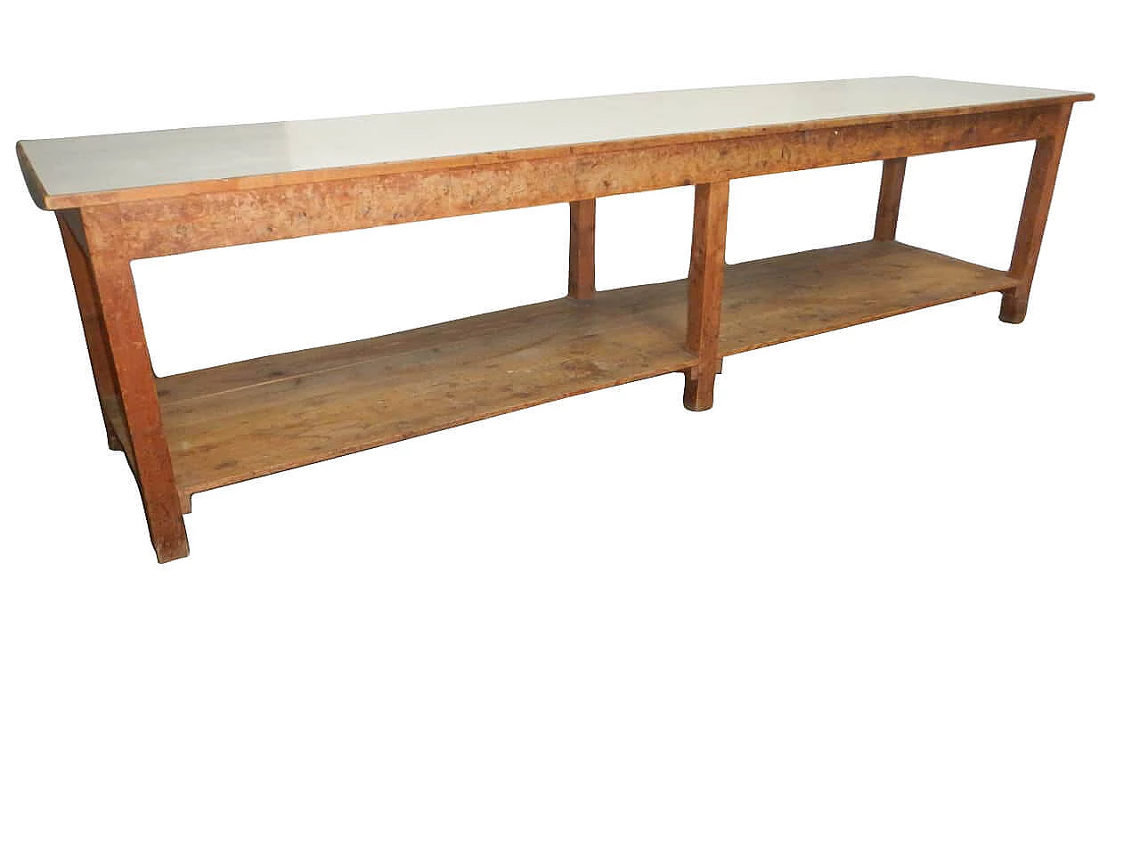 Grande tavolo da lavoro in abete con doppio piano, anni '70 1149534