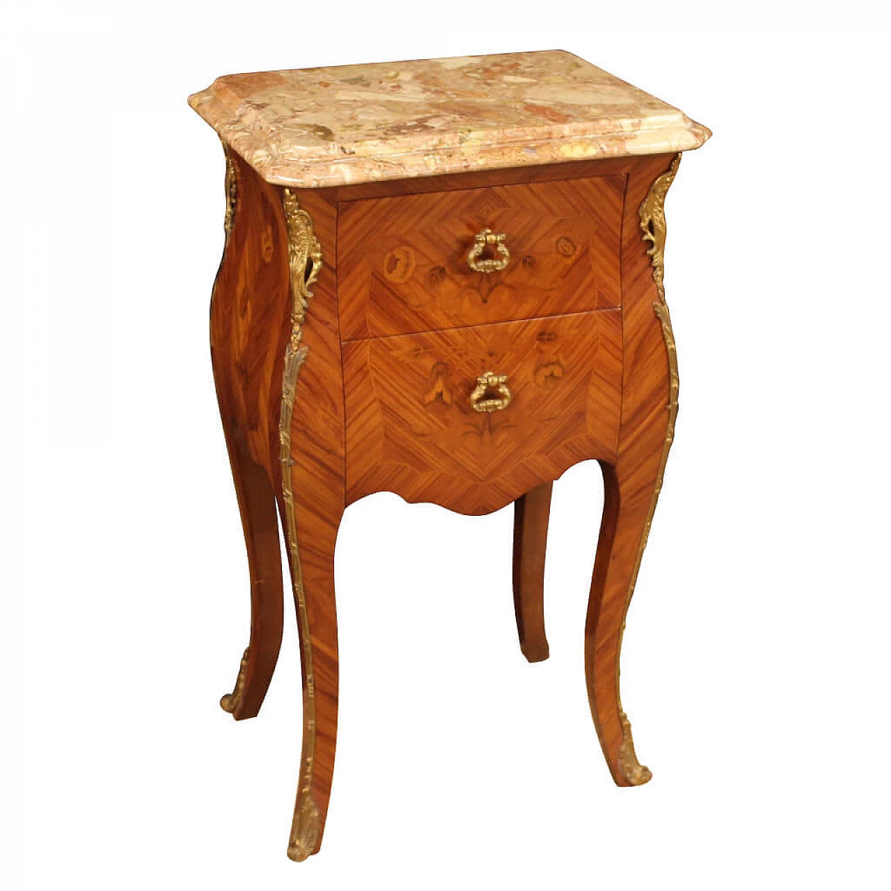 Comodino francese in legno intarsiato con piano in marmo 1151624