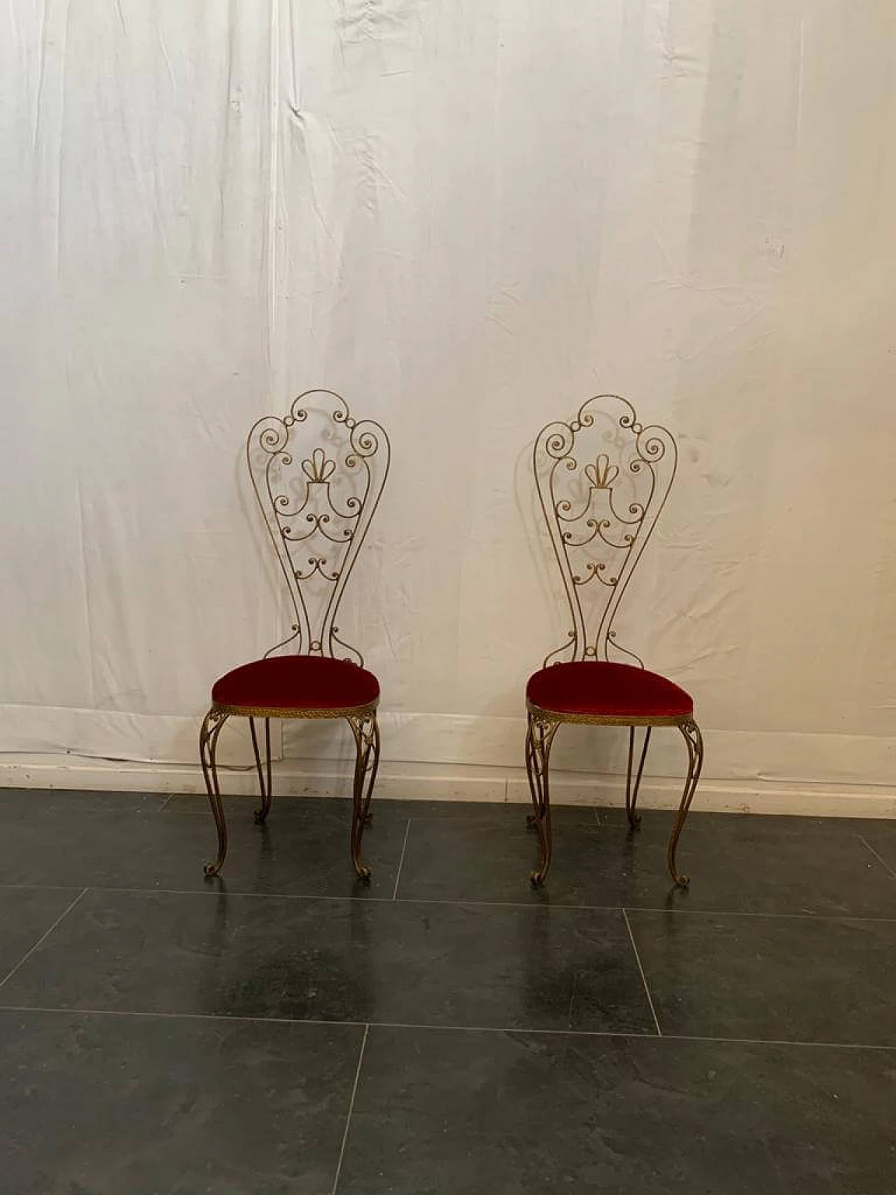 Pair of wrought iron chairs with high backrest, 50's 1151726
