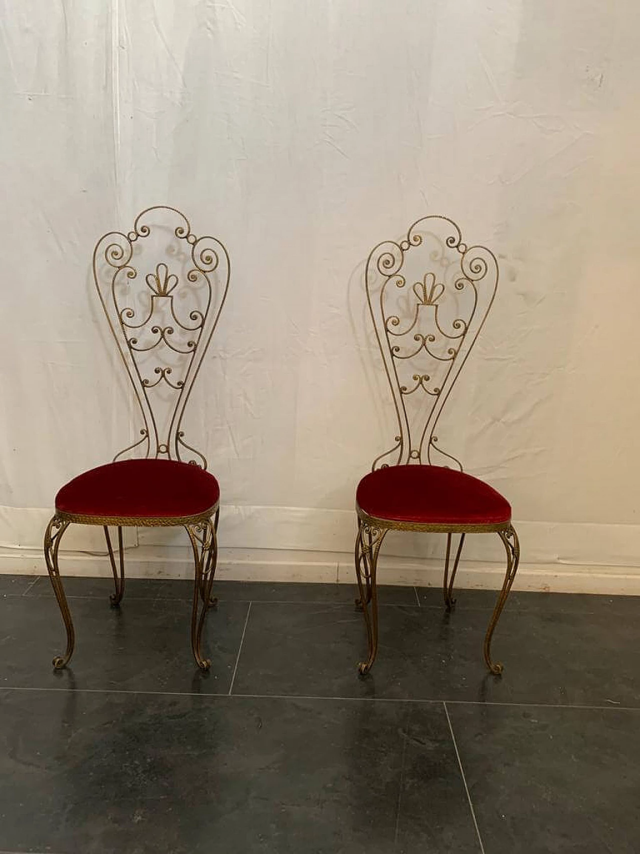Pair of wrought iron chairs with high backrest, 50's 1151727