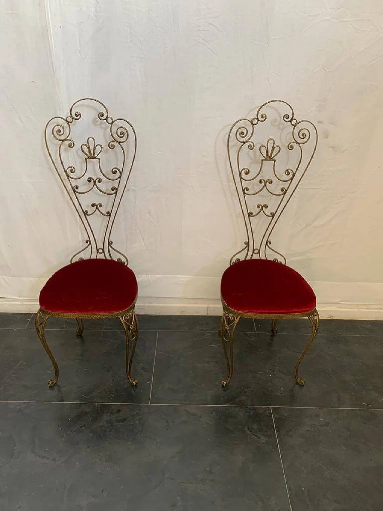 Pair of wrought iron chairs with high backrest, 50's 1151728