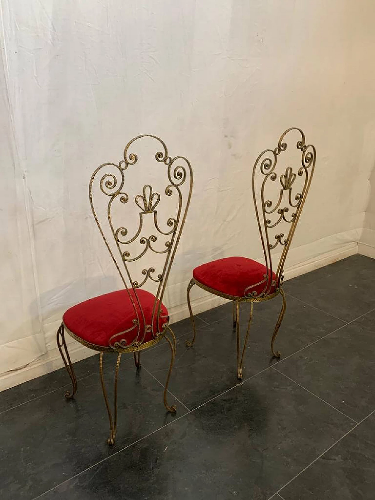 Pair of wrought iron chairs with high backrest, 50's 1151732