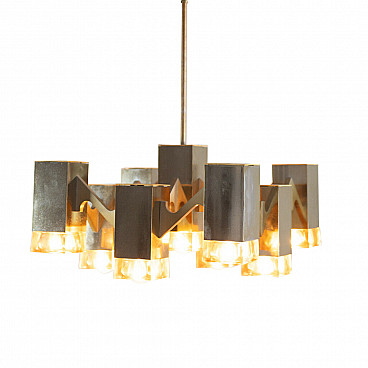 Cubic chandelier with 9 lights by Gaetano Sciolari, 70's