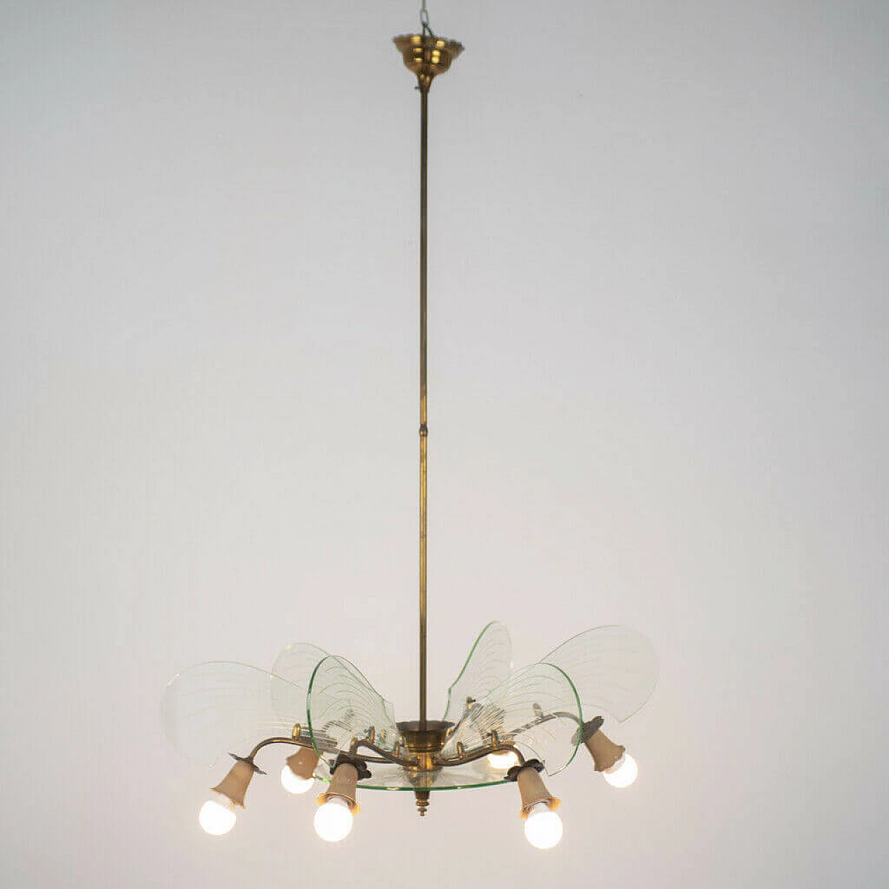 Chandelier in brass and glass, 6 lights, 50s 1152888