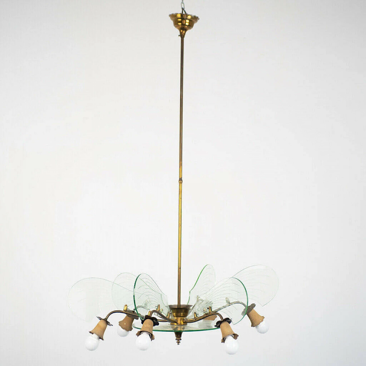 Chandelier in brass and glass, 6 lights, 50s 1152889