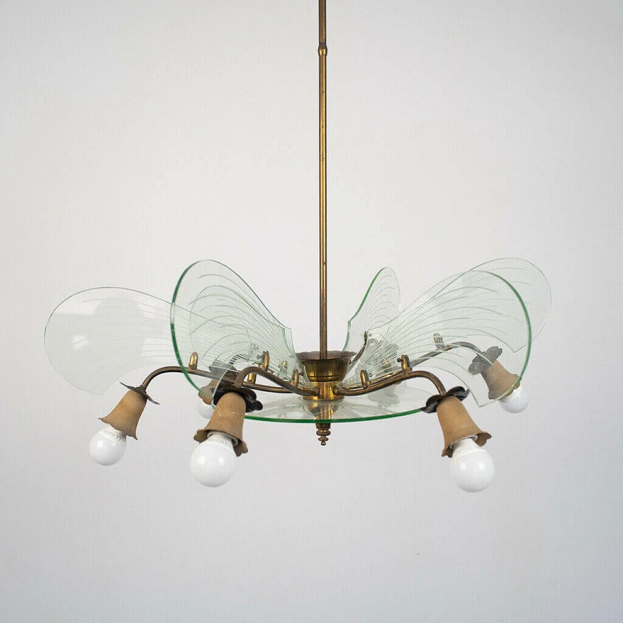 Chandelier in brass and glass, 6 lights, 50s 1152891