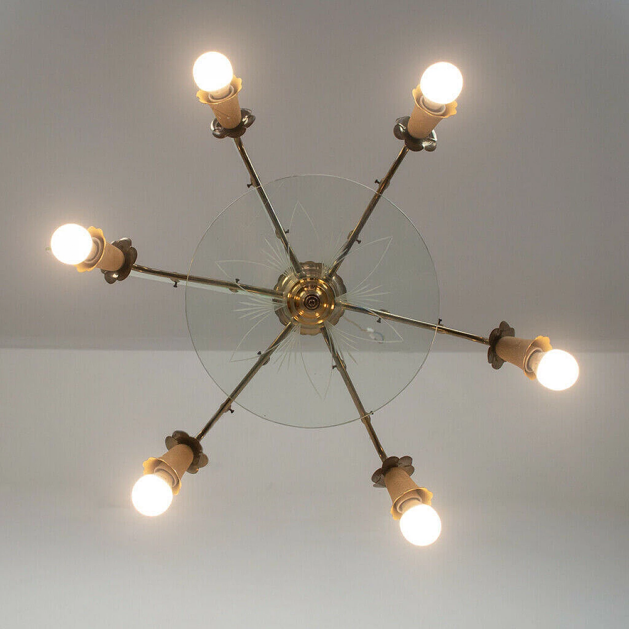 Chandelier in brass and glass, 6 lights, 50s 1152892