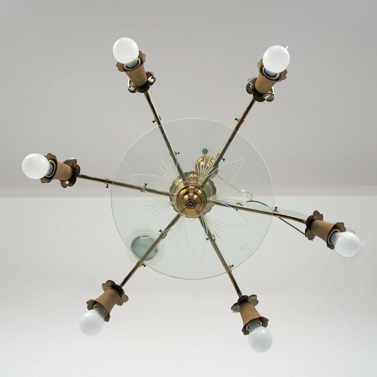 Chandelier in brass and glass, 6 lights, 50s 1152893