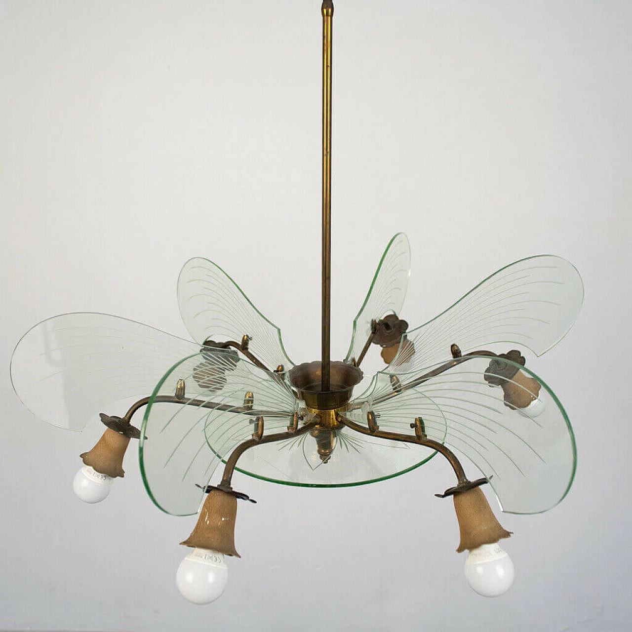 Chandelier in brass and glass, 6 lights, 50s 1152894