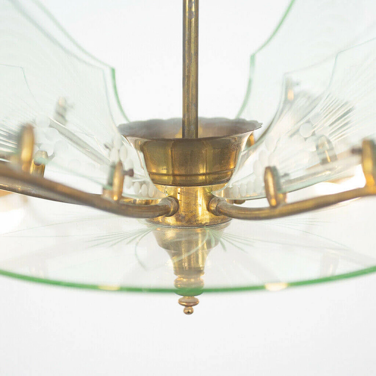 Chandelier in brass and glass, 6 lights, 50s 1152896