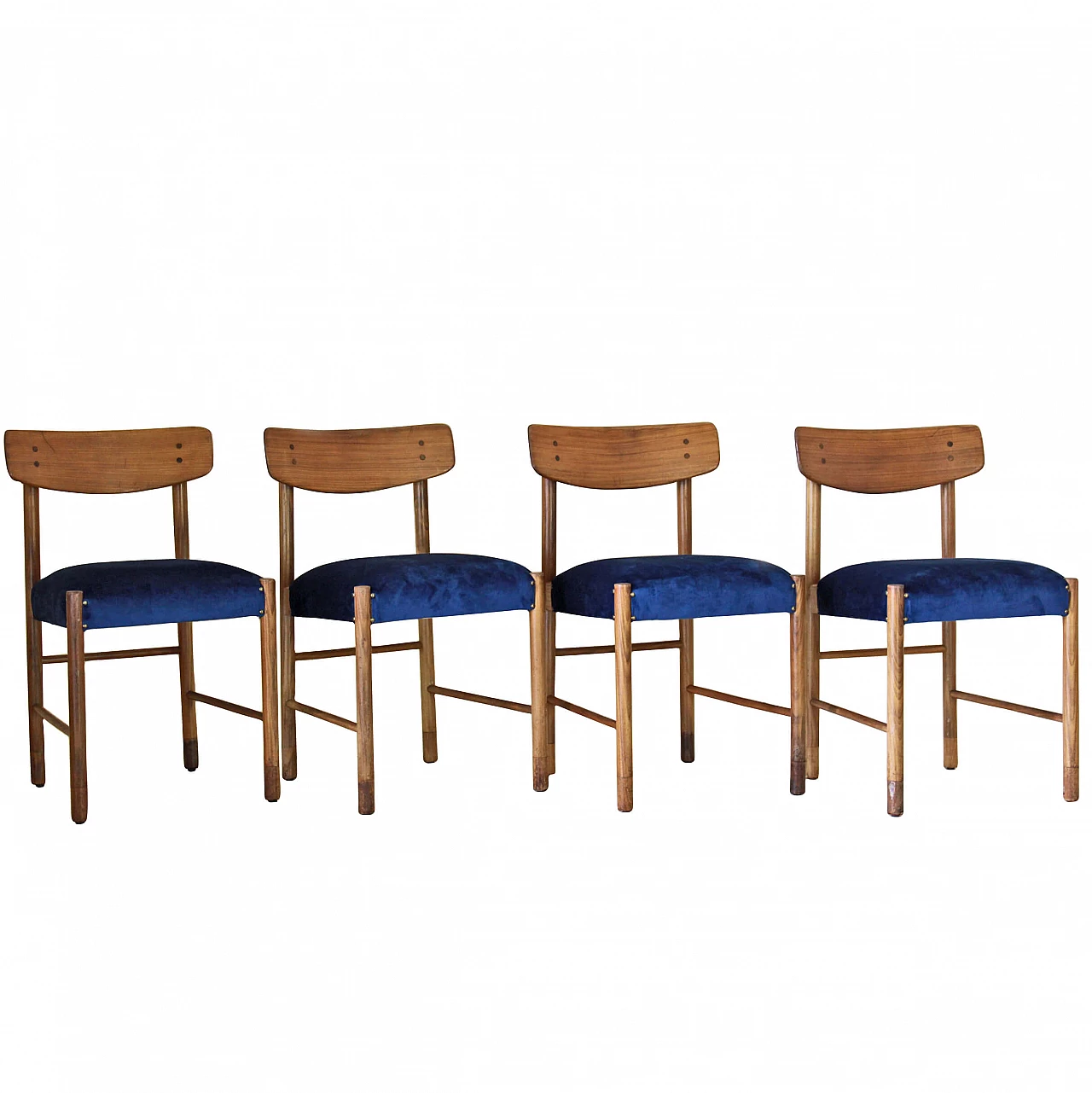4 Blue velvet dining chairs, 1950s 1153428