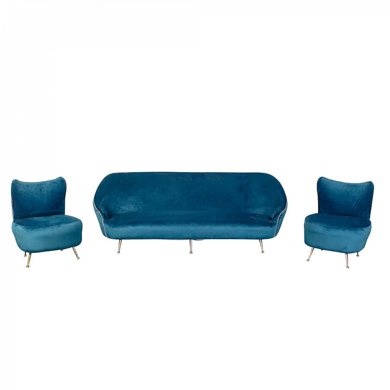 Divano e coppia di poltrone in velluto blu, anni '50 intOndo