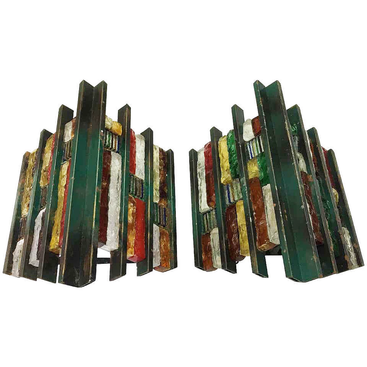 Pair of brutalist wall lamps made of iron and stained glass, 70's 1155091