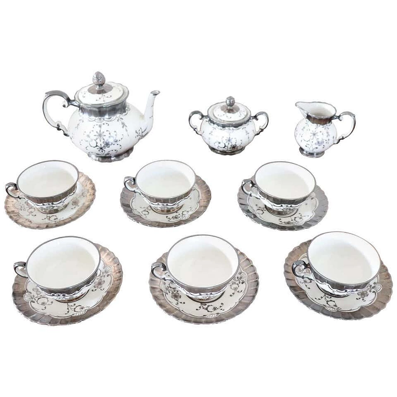 Prezioso set da tè per 6 in ceramica e decori in argento di Richard Ginori, anni '50 1155362