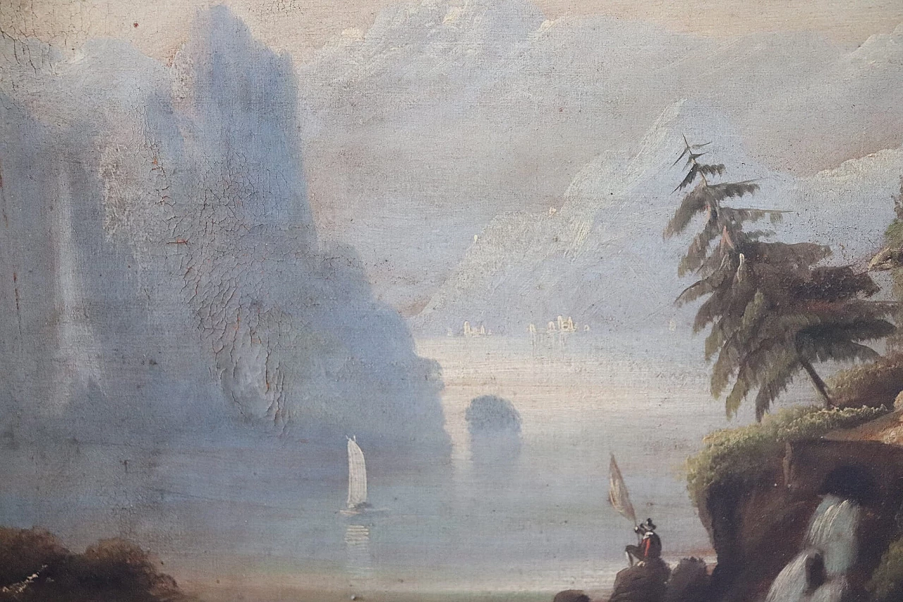 Antico quadro olio su tela con cornice di paesaggio lacustre '800, sec XIX 1156005