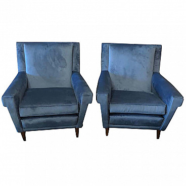 Pair of blue velvet armchairs Gio Ponti style, 60s