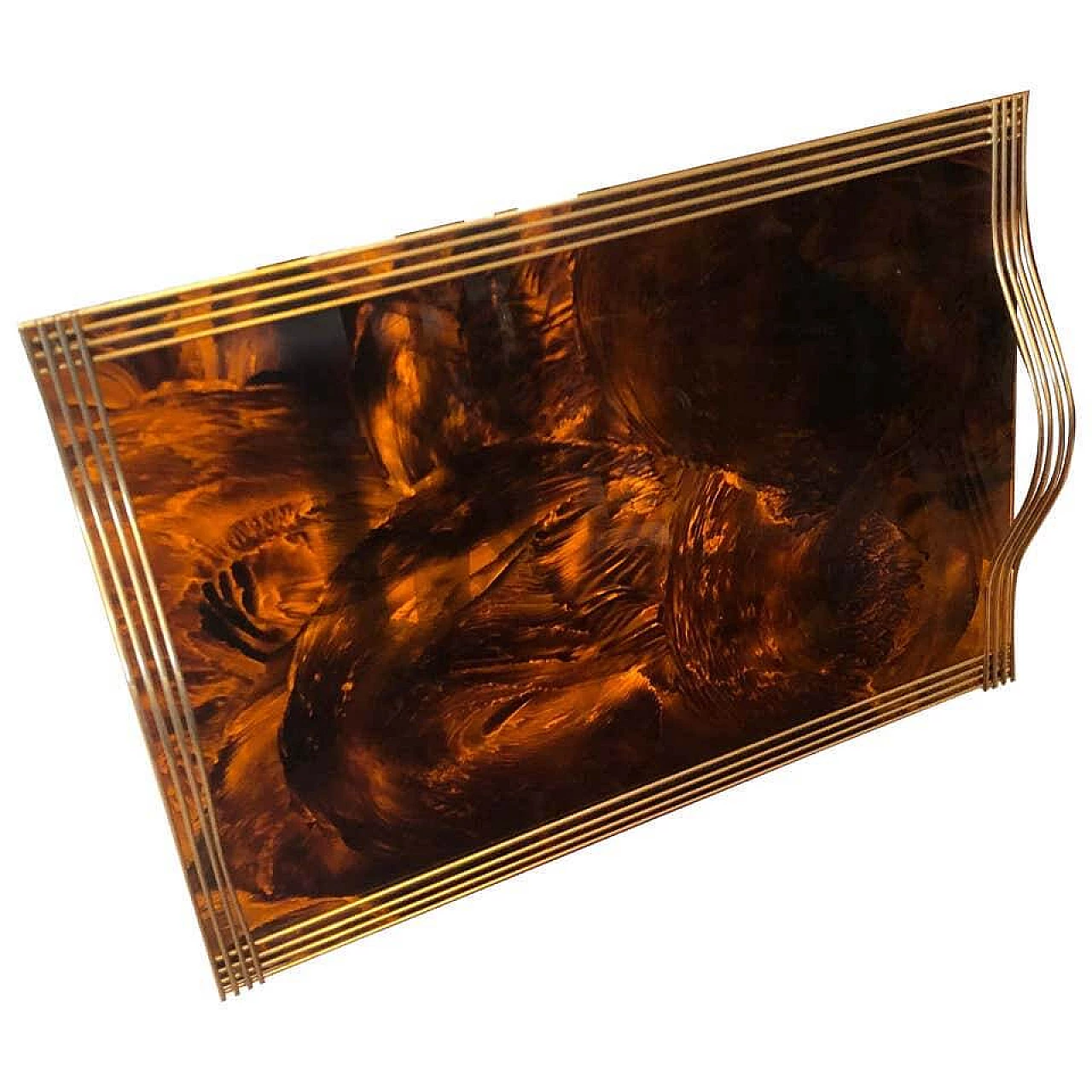Serving tray in brass and fake turtle in lucite, 60s 1157144