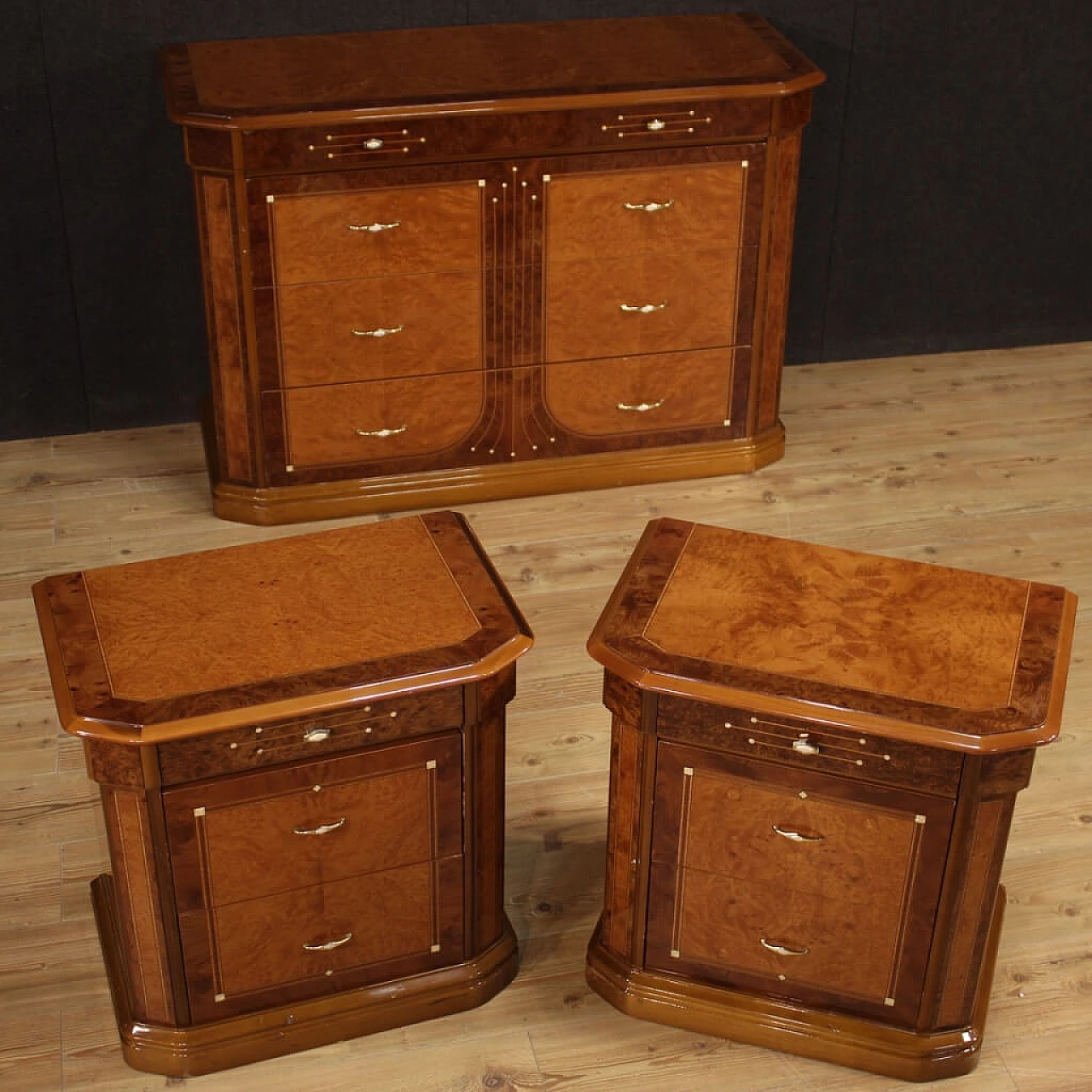 Chest of drawers in walnut, briar, bois de rose, beech and fruit wood, 1970s 1157152