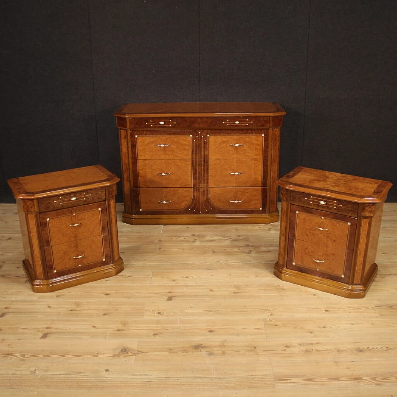 Chest of drawers in walnut, briar, bois de rose, beech and fruit wood, 1970s 1157153