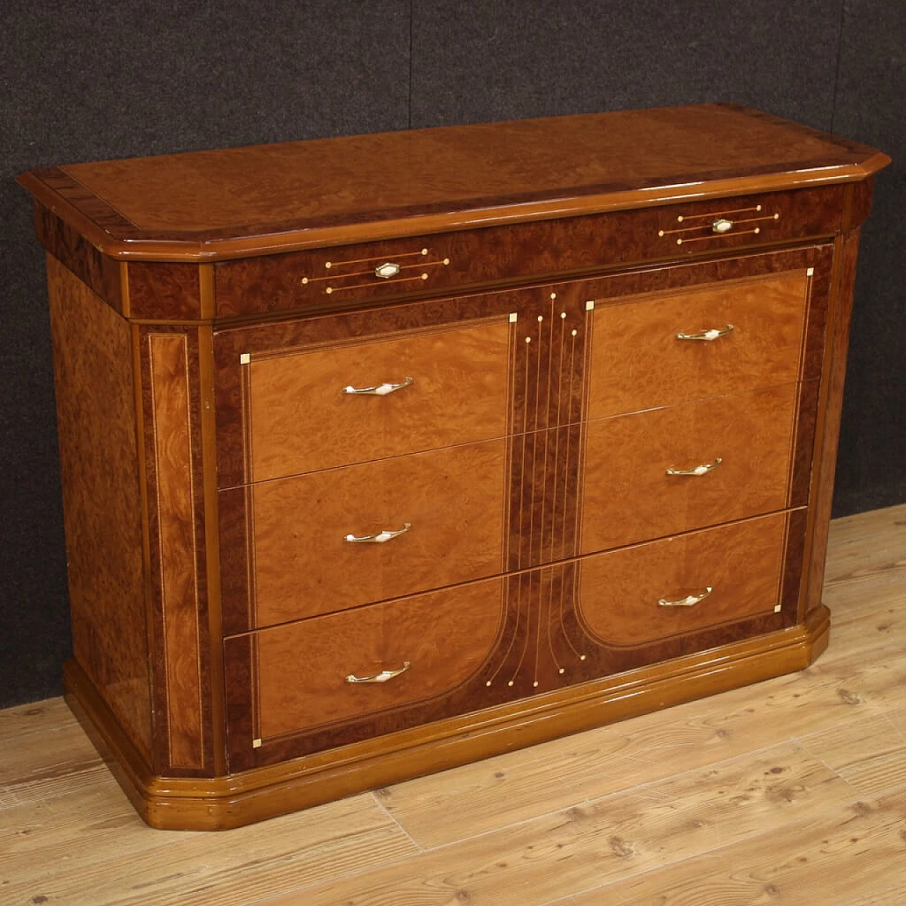 Chest of drawers in walnut, briar, bois de rose, beech and fruit wood, 1970s 1157154