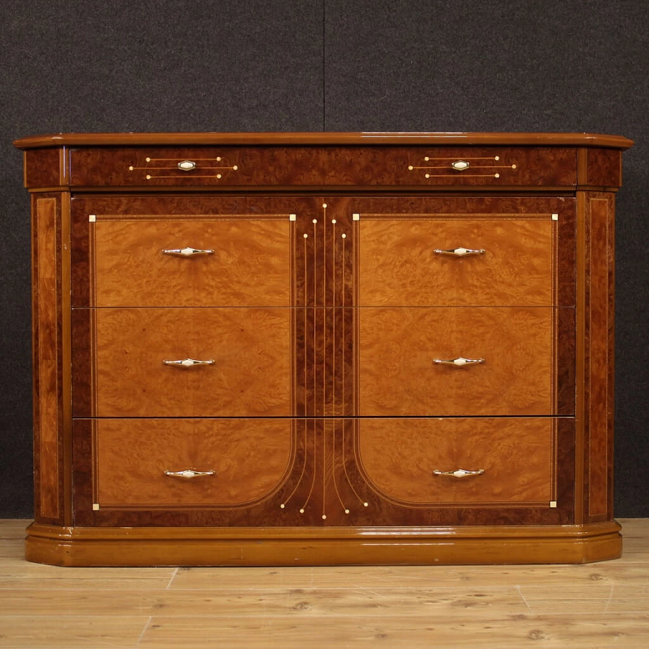 Chest of drawers in walnut, briar, bois de rose, beech and fruit wood, 1970s 1157155
