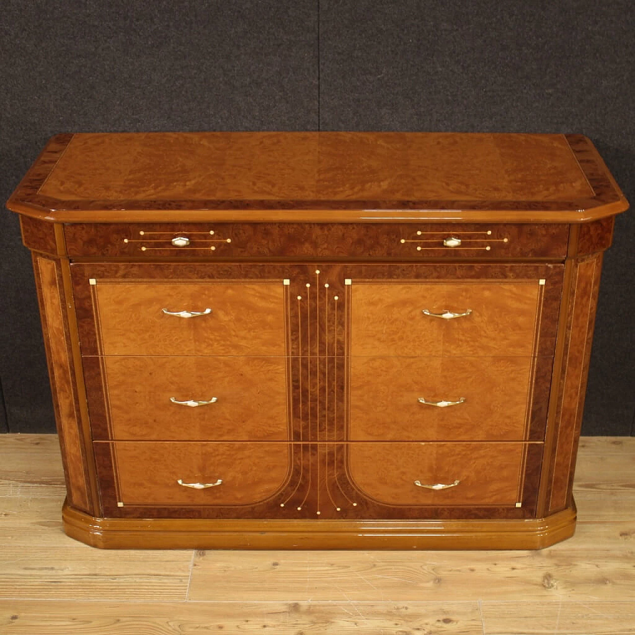 Chest of drawers in walnut, briar, bois de rose, beech and fruit wood, 1970s 1157156