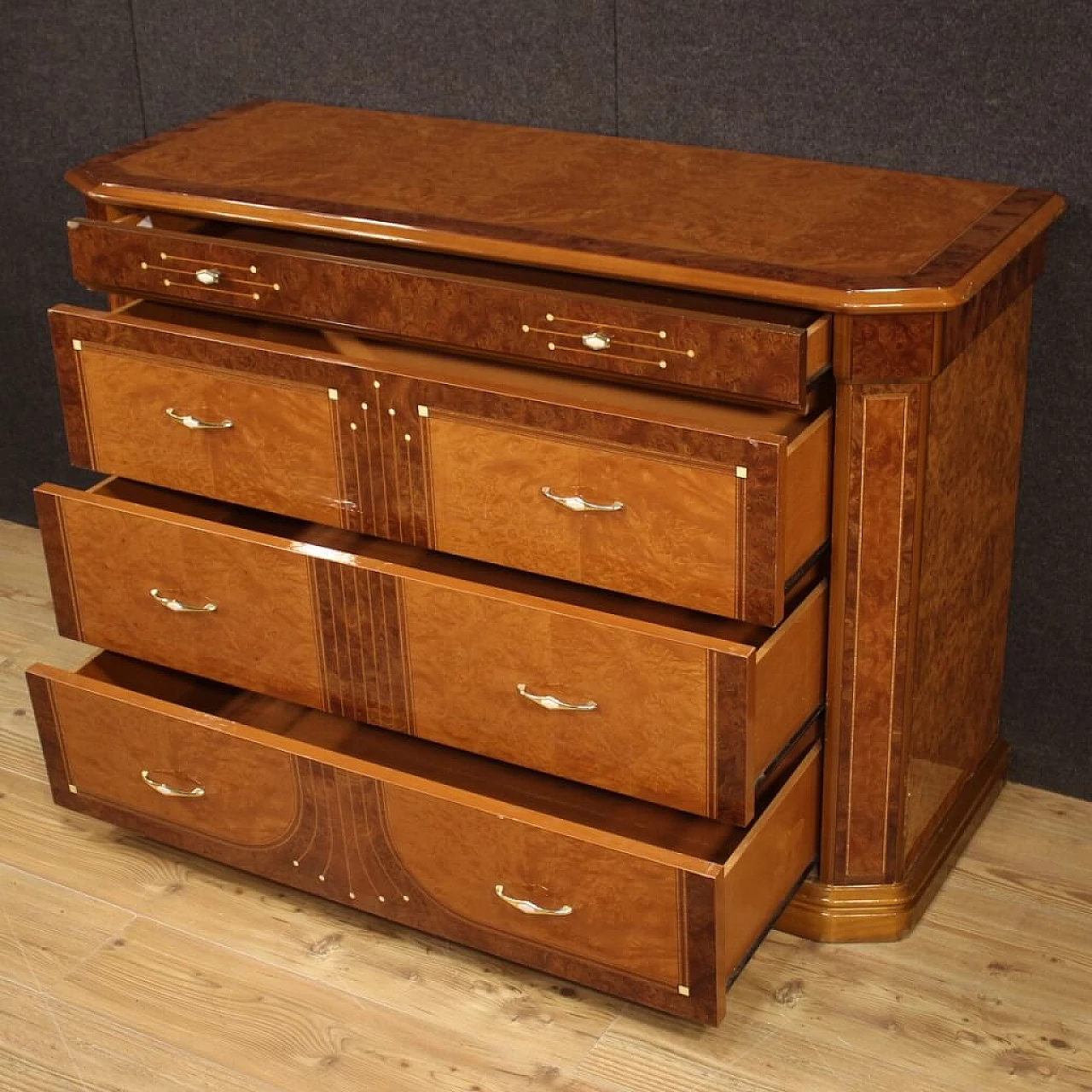 Chest of drawers in walnut, briar, bois de rose, beech and fruit wood, 1970s 1157157