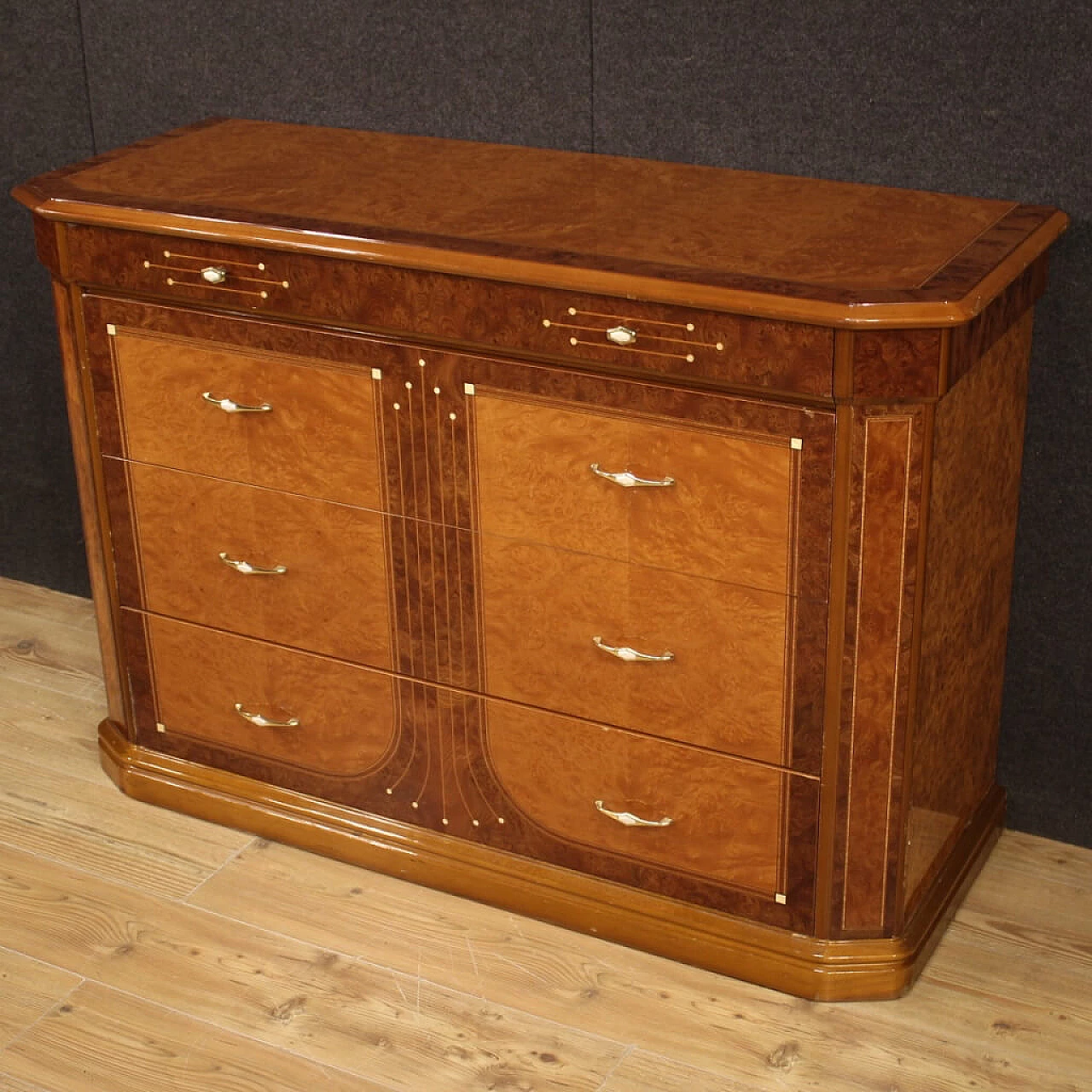 Chest of drawers in walnut, briar, bois de rose, beech and fruit wood, 1970s 1157158
