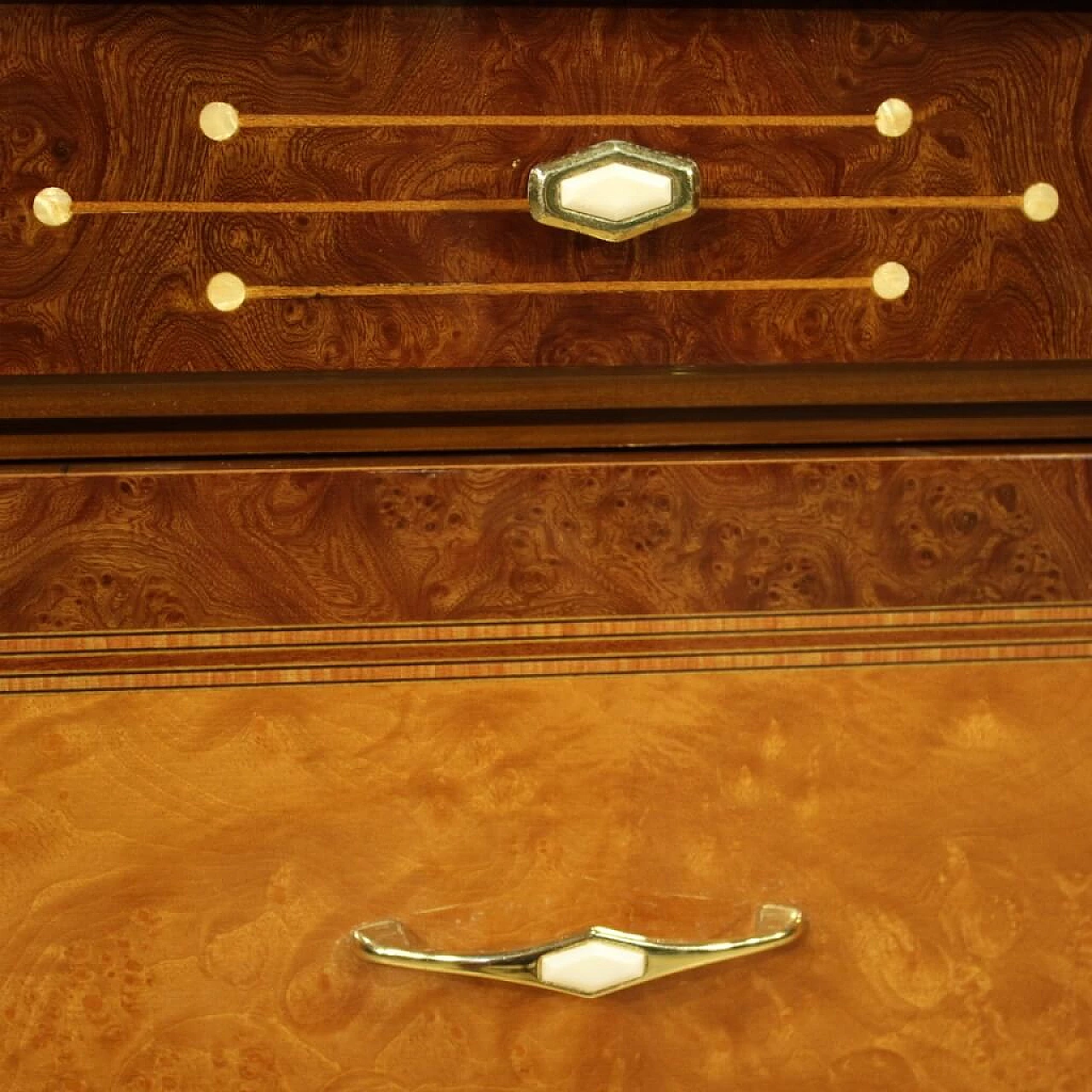 Chest of drawers in walnut, briar, bois de rose, beech and fruit wood, 1970s 1157159