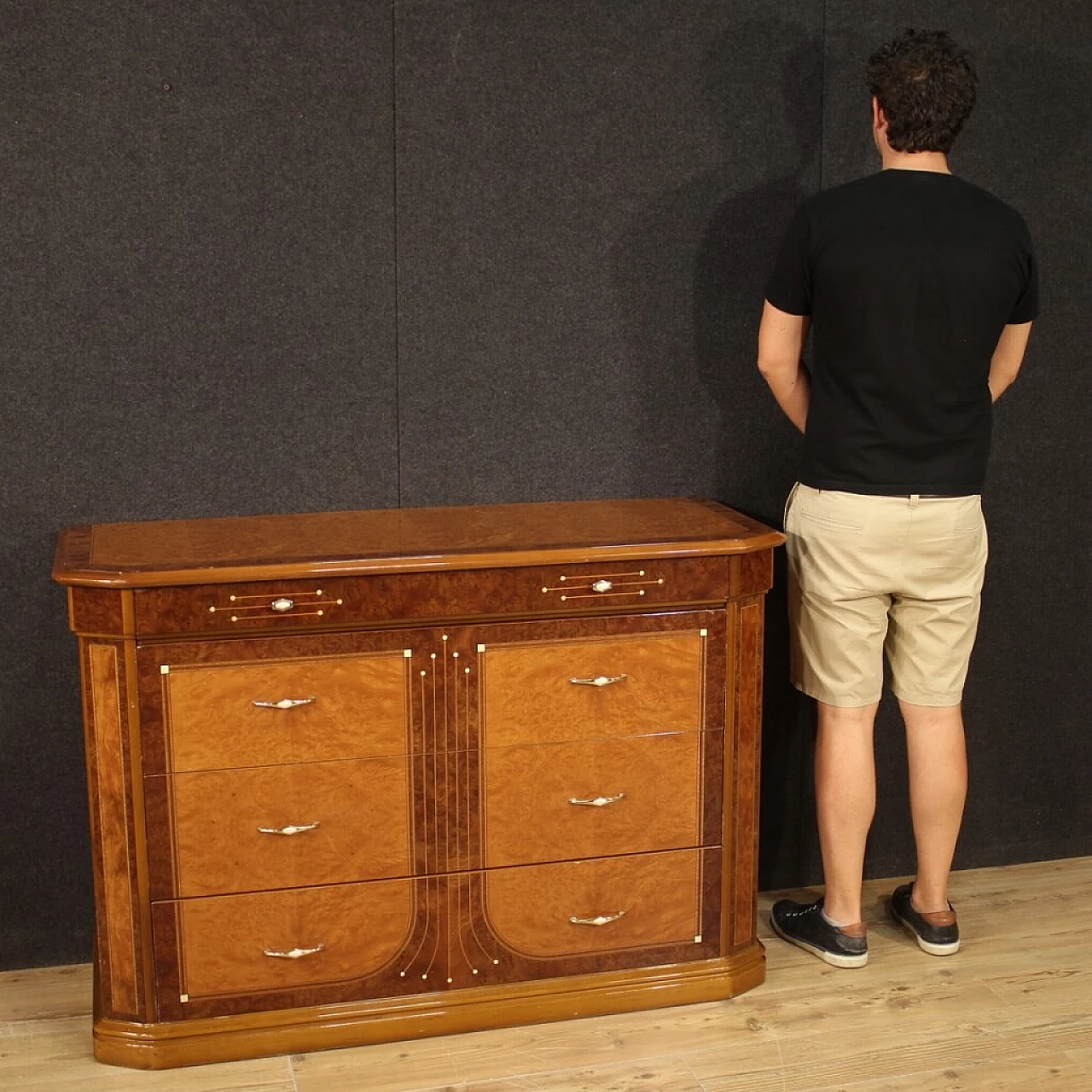 Chest of drawers in walnut, briar, bois de rose, beech and fruit wood, 1970s 1157163