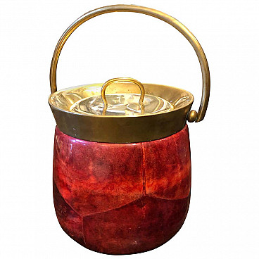 Ice bucket in brass and red goatskin from Aldo Tura, 1950s