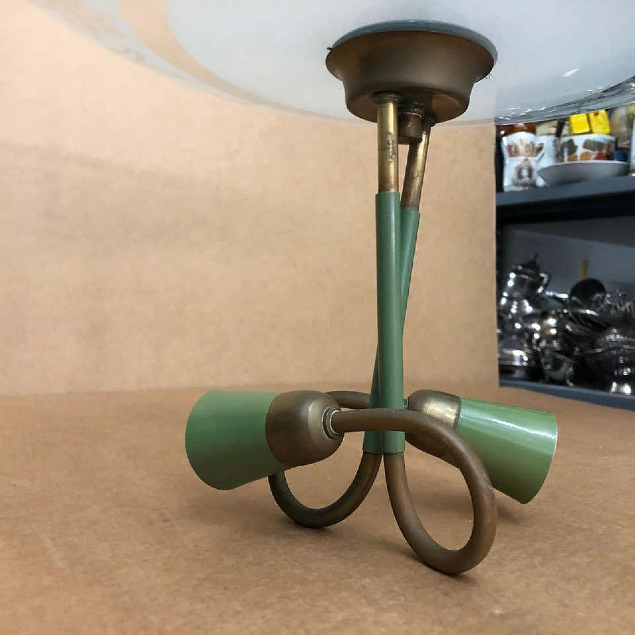 Lampada a sospensione Stilnovo in ottone e vetro, anni '50 1157275