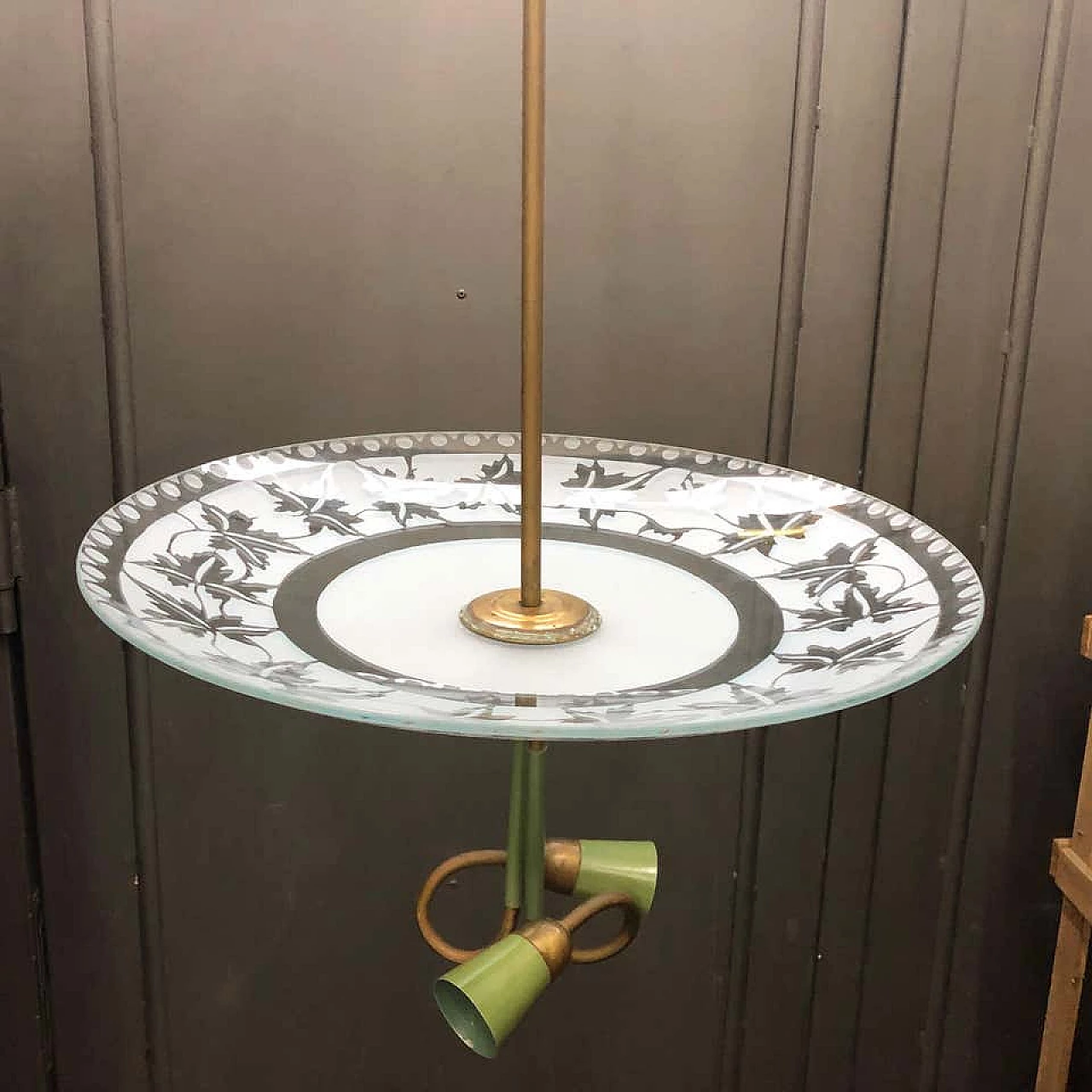 Lampada a sospensione Stilnovo in ottone e vetro, anni '50 1157283