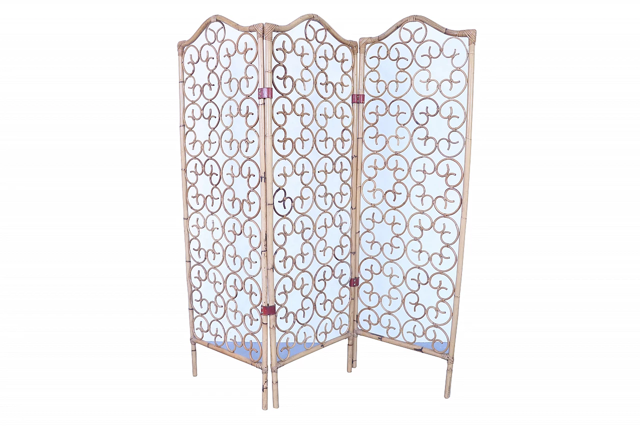 Paravento in bambu con cerniere in cuoio, anni '50 1157630
