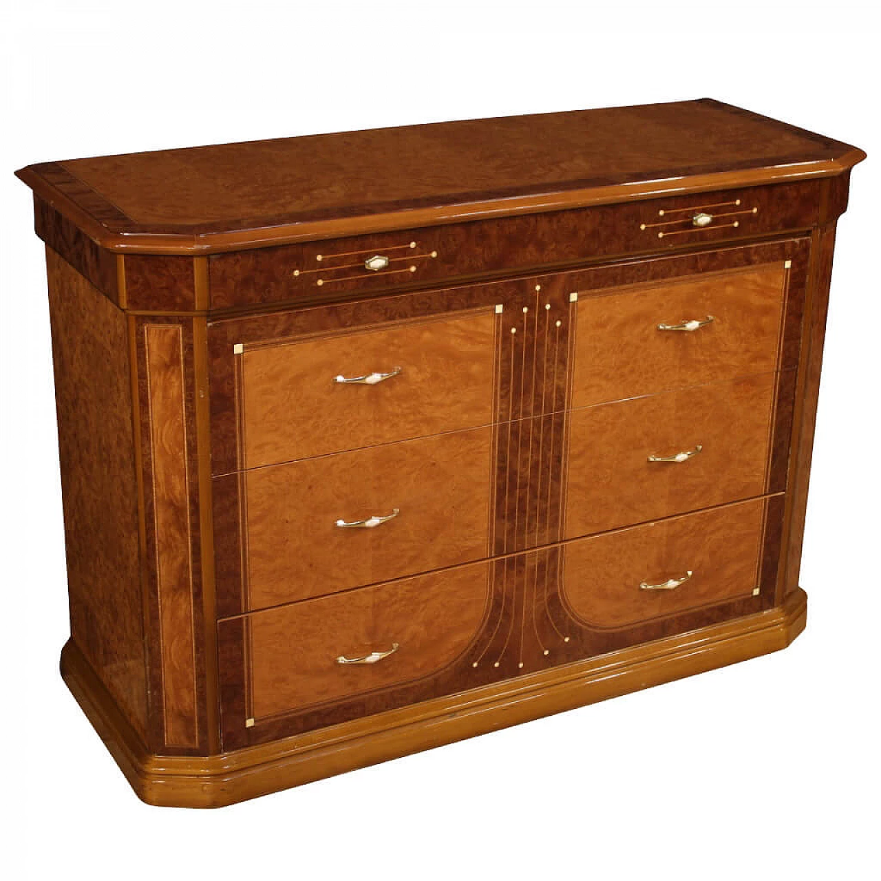 Chest of drawers in walnut, briar, bois de rose, beech and fruit wood, 1970s 1157712