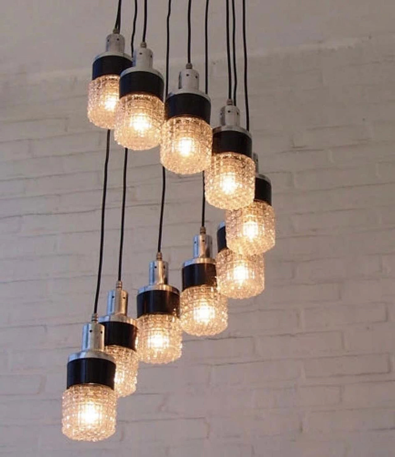 S shaped cascade chandelier with 10 lights with sculptural glass shade, 70s 1159372