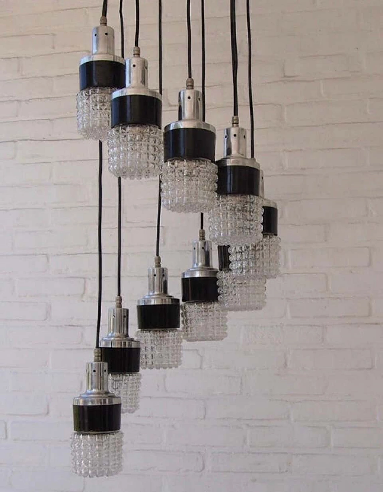S shaped cascade chandelier with 10 lights with sculptural glass shade, 70s 1159373