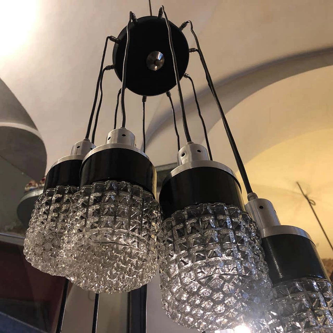 S shaped cascade chandelier with 10 lights with sculptural glass shade, 70s 1159374