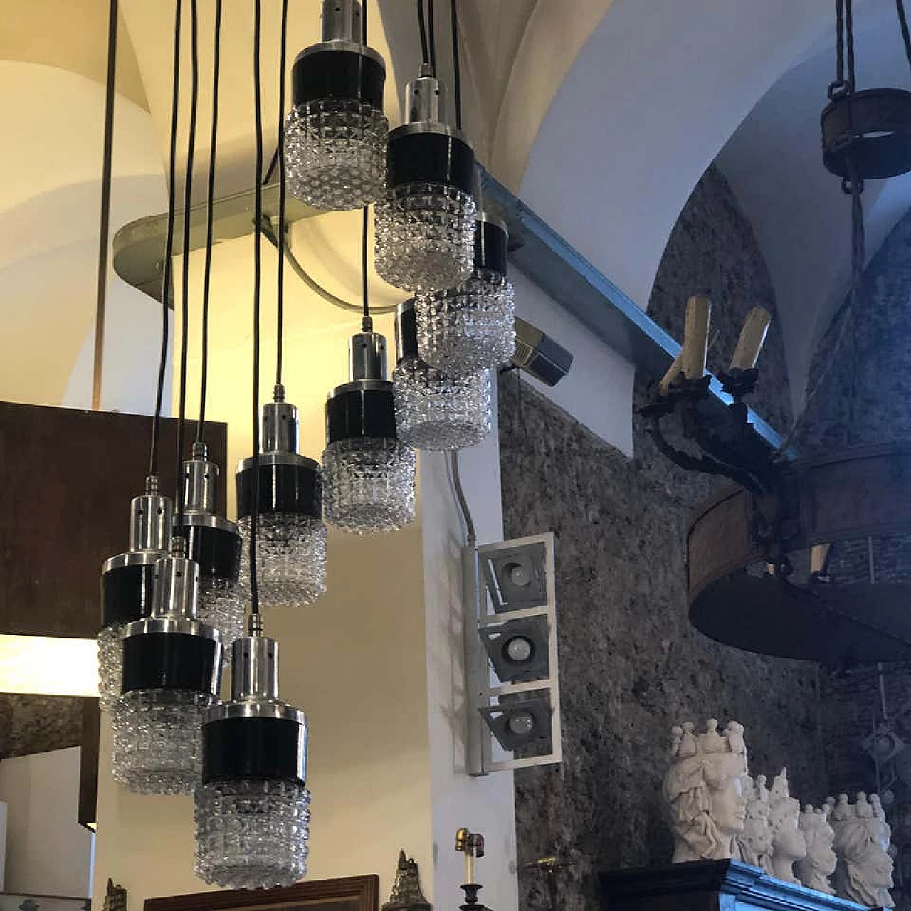 S shaped cascade chandelier with 10 lights with sculptural glass shade, 70s 1159377