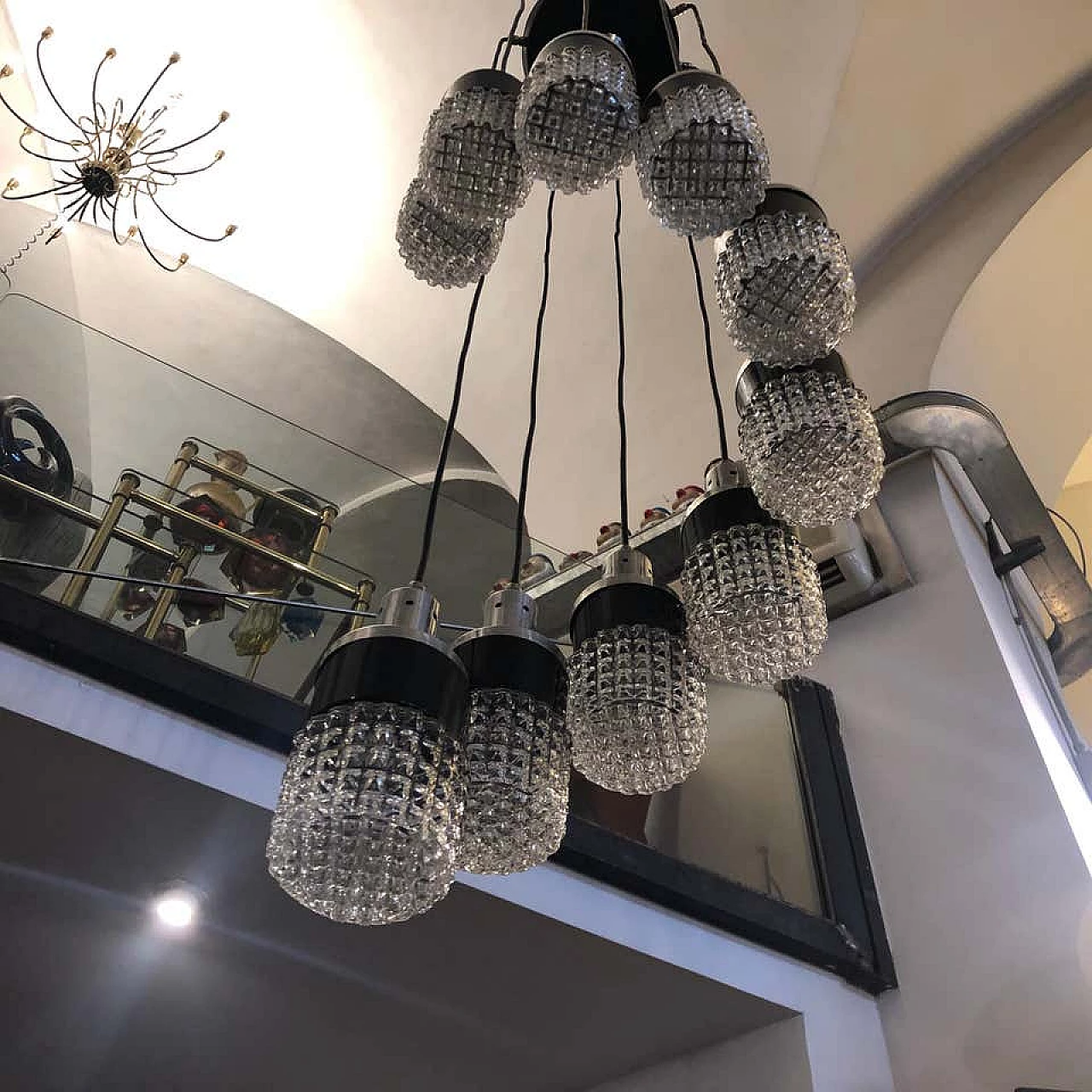 S shaped cascade chandelier with 10 lights with sculptural glass shade, 70s 1159378