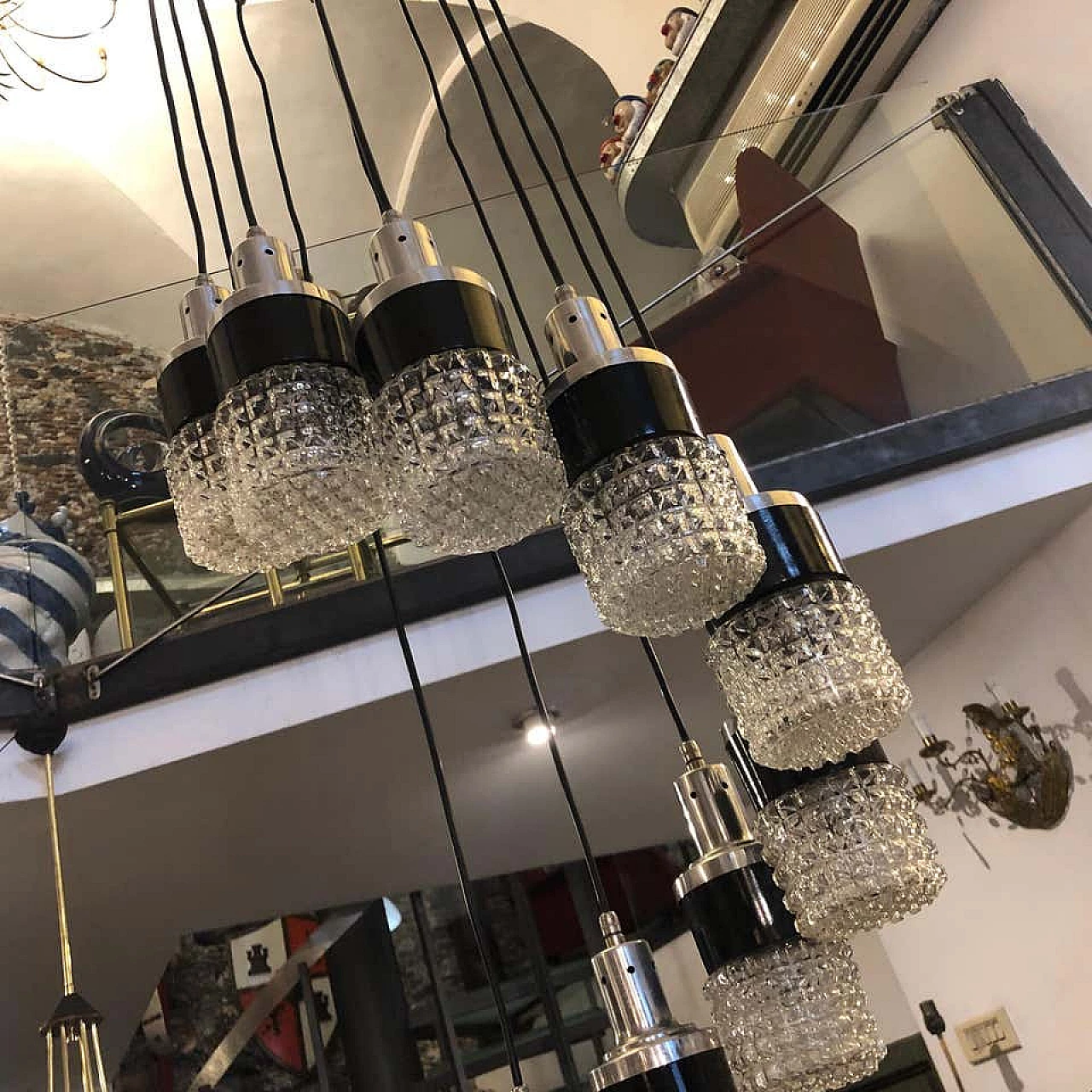 S shaped cascade chandelier with 10 lights with sculptural glass shade, 70s 1159379