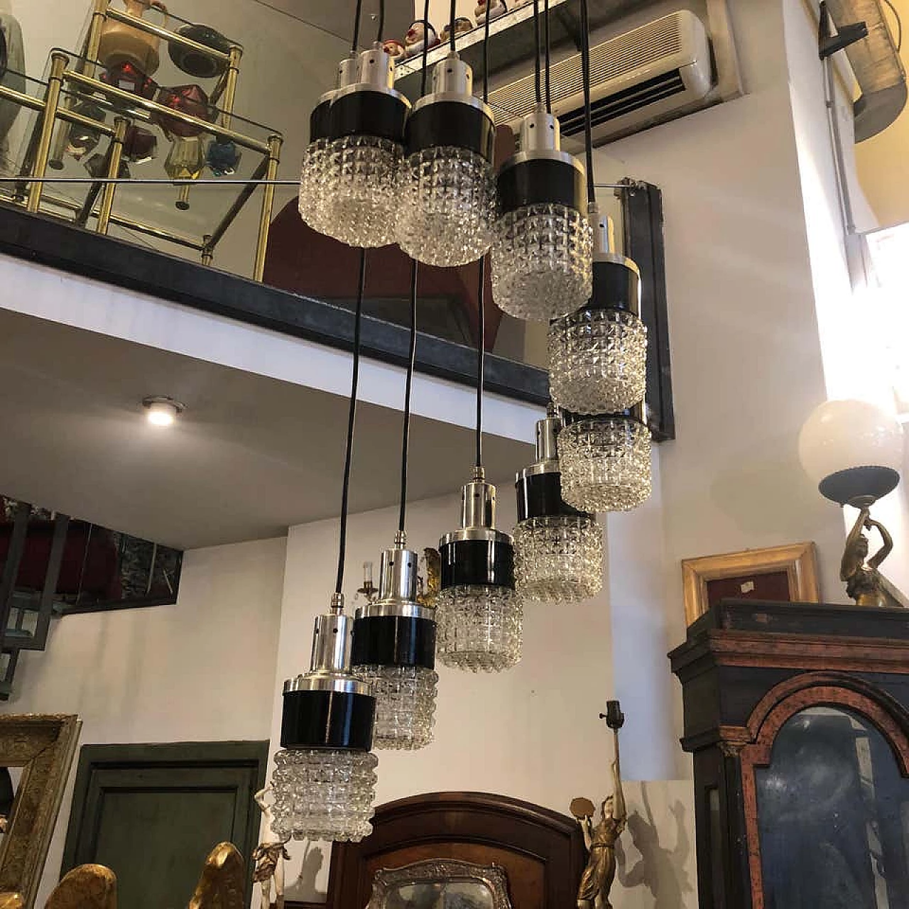 S shaped cascade chandelier with 10 lights with sculptural glass shade, 70s 1159380